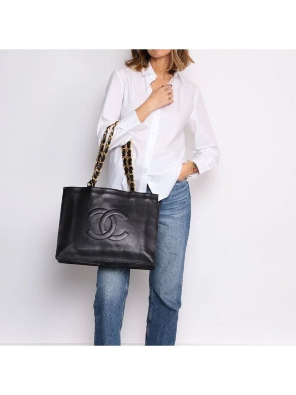 Authentic CHANEL Jumbo XL Shopping Tote Timeless Classic Black Lambskin Vintage - Picture 3 of 15